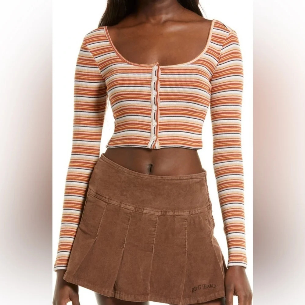 BDG Striped Ribbed Cropped Long Sleeve Top/Cardigan in Orange - NEW - Size Small